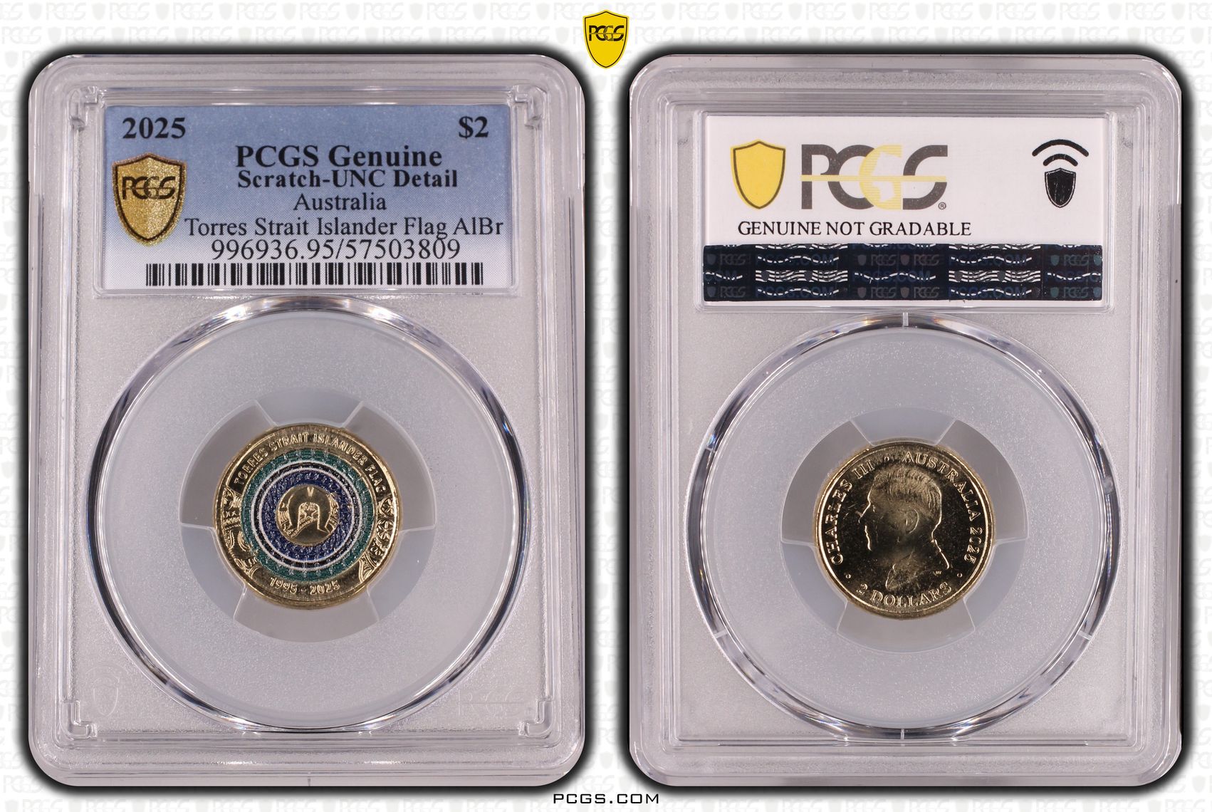 Torres Strait Islander Flag AlBr Colourised, Two Dollar, 2025, PCGS Genuine - UNC Details (95 - Scratch)