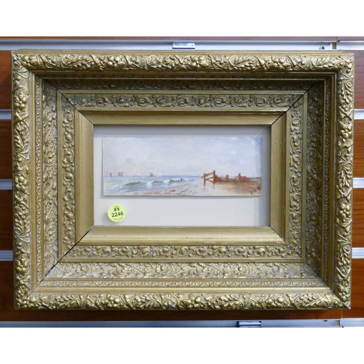 Antique Coastal Scene Small Watercolor in Ornate Frame- 10x13''