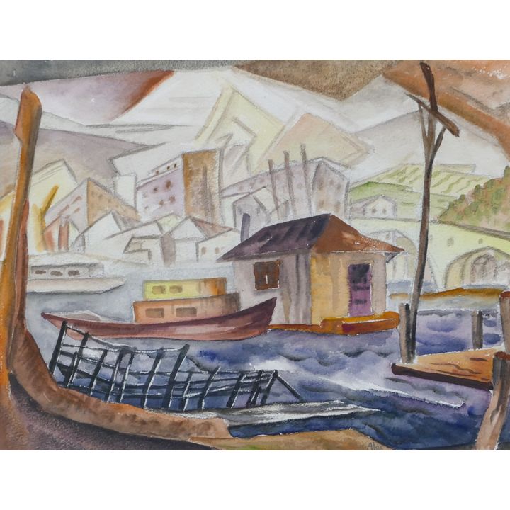 Glen Alps ''Lake Union'' (Houseboats) 1930's Watercolor