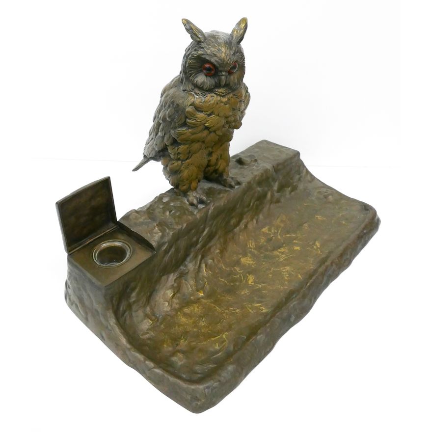 Austrian Owl Gilt Bronze Double Inkwell
