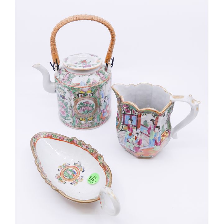 3pc Chinese Qing Rose Canton Teapot & Creamers- largest 8''