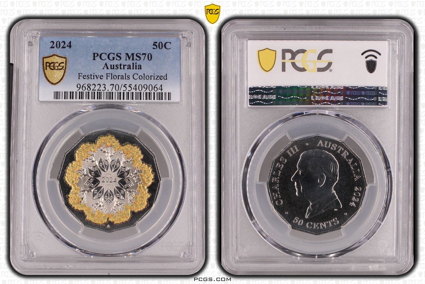 Festive Florals Colorized, Fifty Cent, 2024, PCGS MS70
