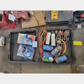 Freon 12 cans, gauges and other recharge tools and supplies