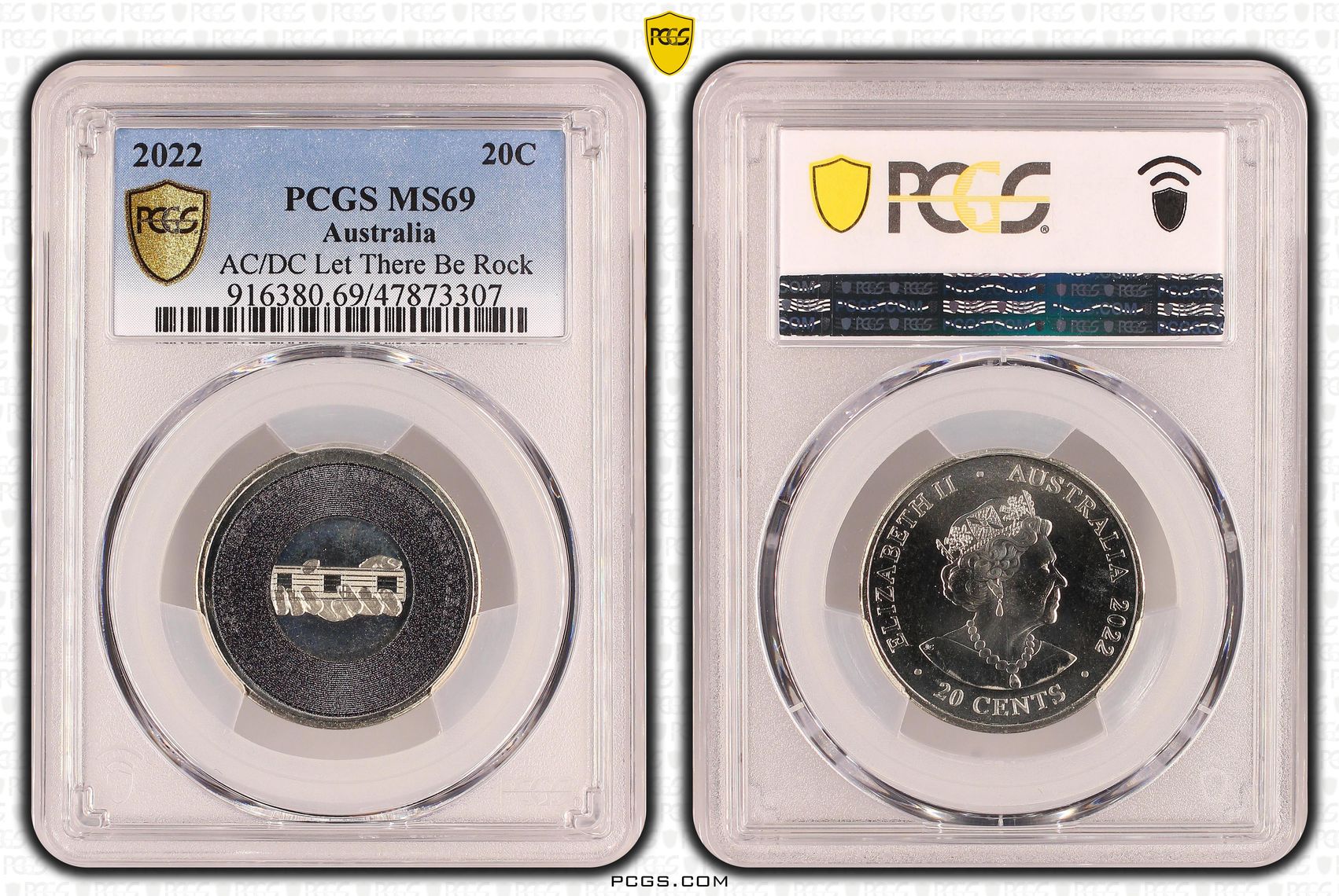 299 · AC/DC Let There Be Rock, Twenty Cent, 2022, PCGS MS69