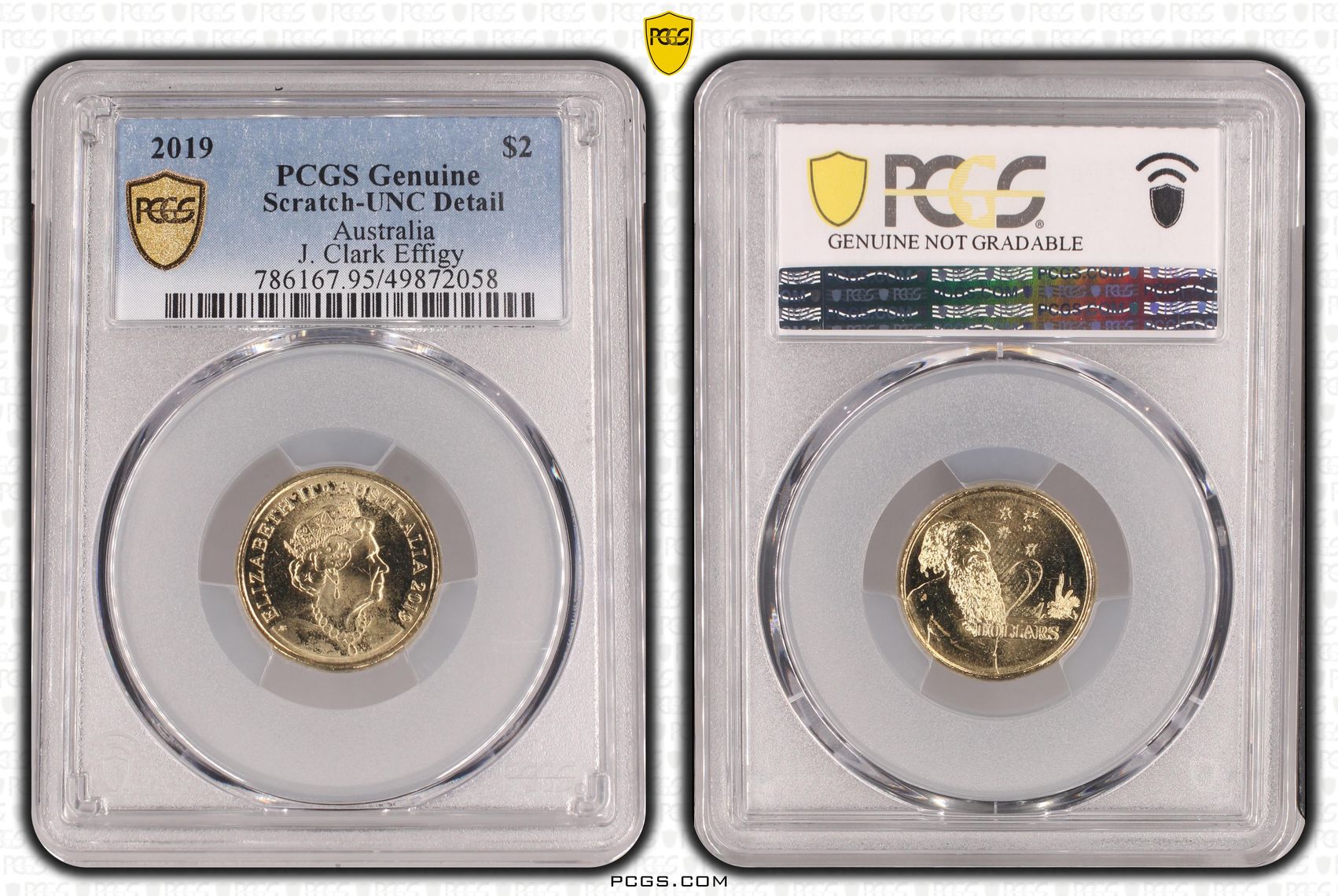 496 · Elizabeth II, J. Clark Effigy, Two Dollar, 2019, PCGS Genuine  - UNC Details (95 - Scratch)