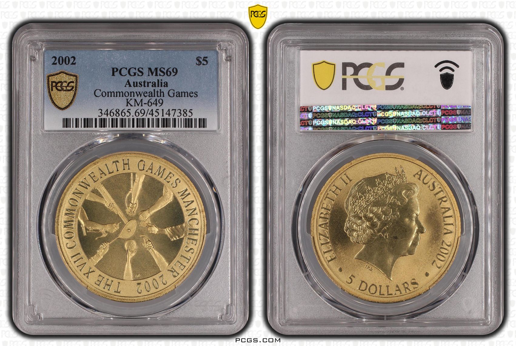2002 Australia Five Dollar, $5 Commonwealth Games KM-649 PCGS - MS69 POP 2/0 -385