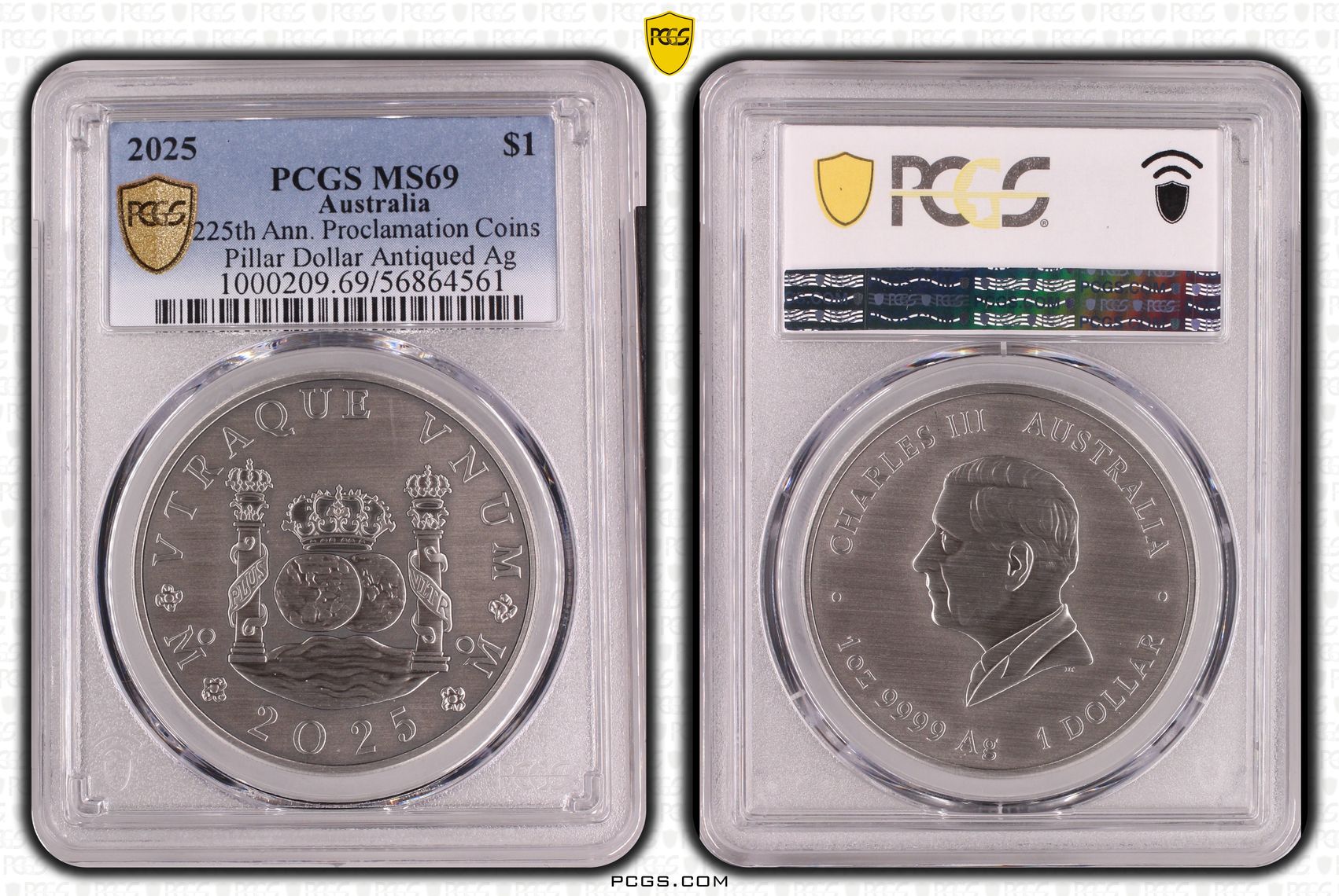 303 · 225th Ann. Proclamation Coins Pillar Dollar Antiqued Silver, One Dollar, 2025,  MS69