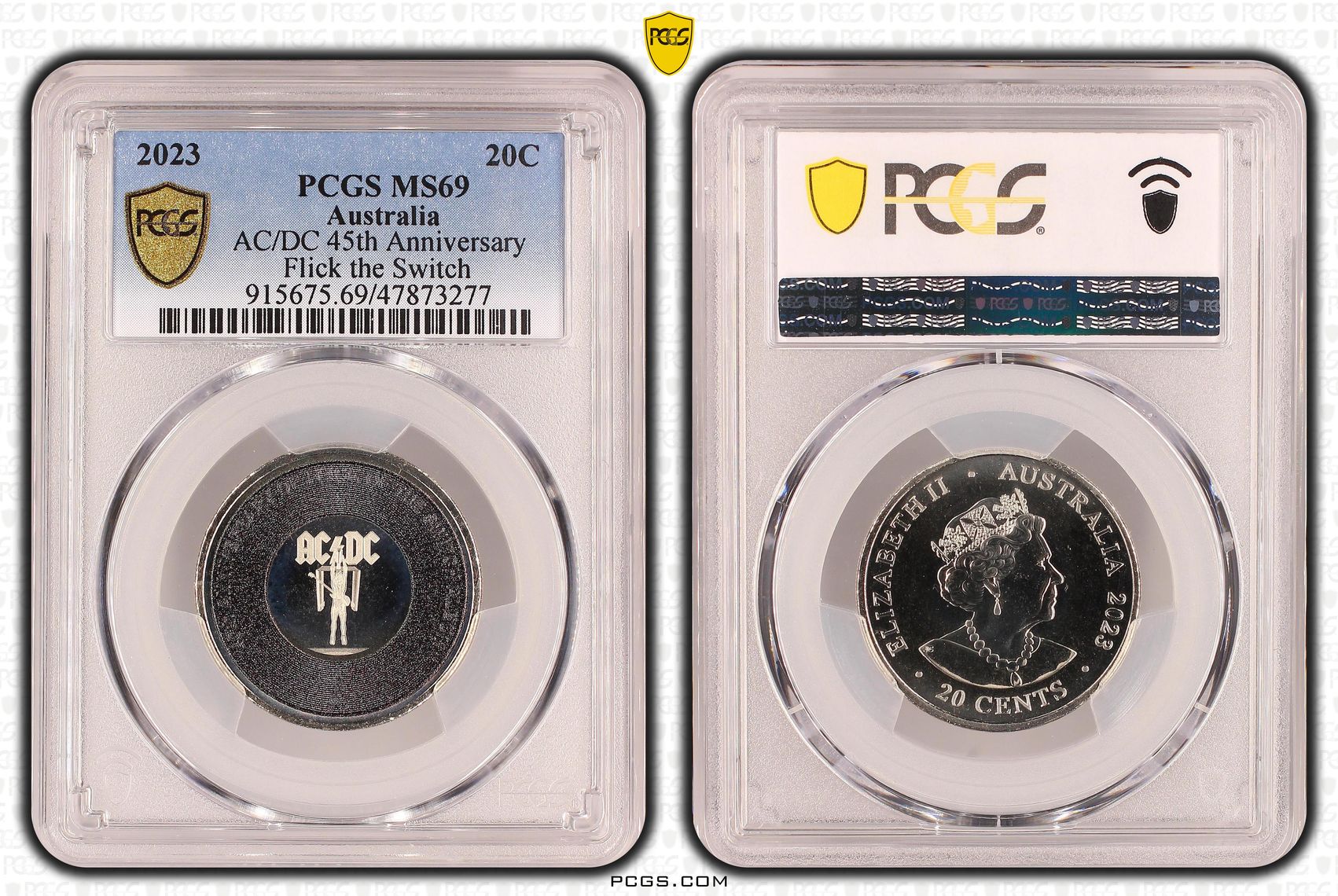 AC/DC 45th Anniversary - Flick the Switch, Twenty Cent, 2023, PCGS MS69