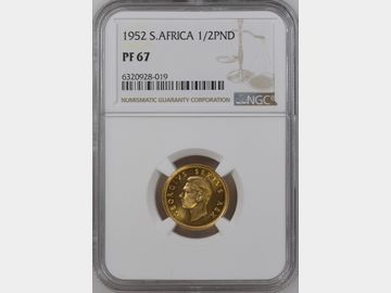 1952 GEORGE VI SOUTH AFRICAN GOLD HALF POUND PF67