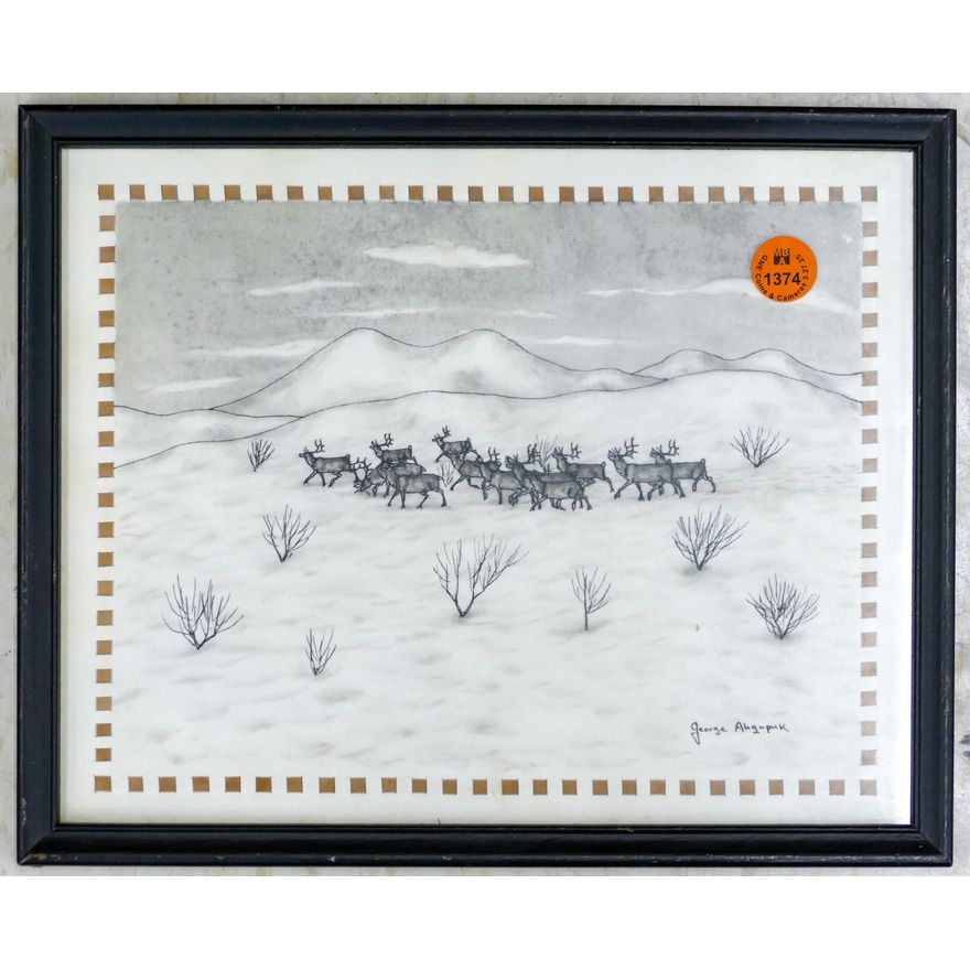 George Ahgupuk ''Caribou'' Ink on on Paper Framed 9''x10.5''