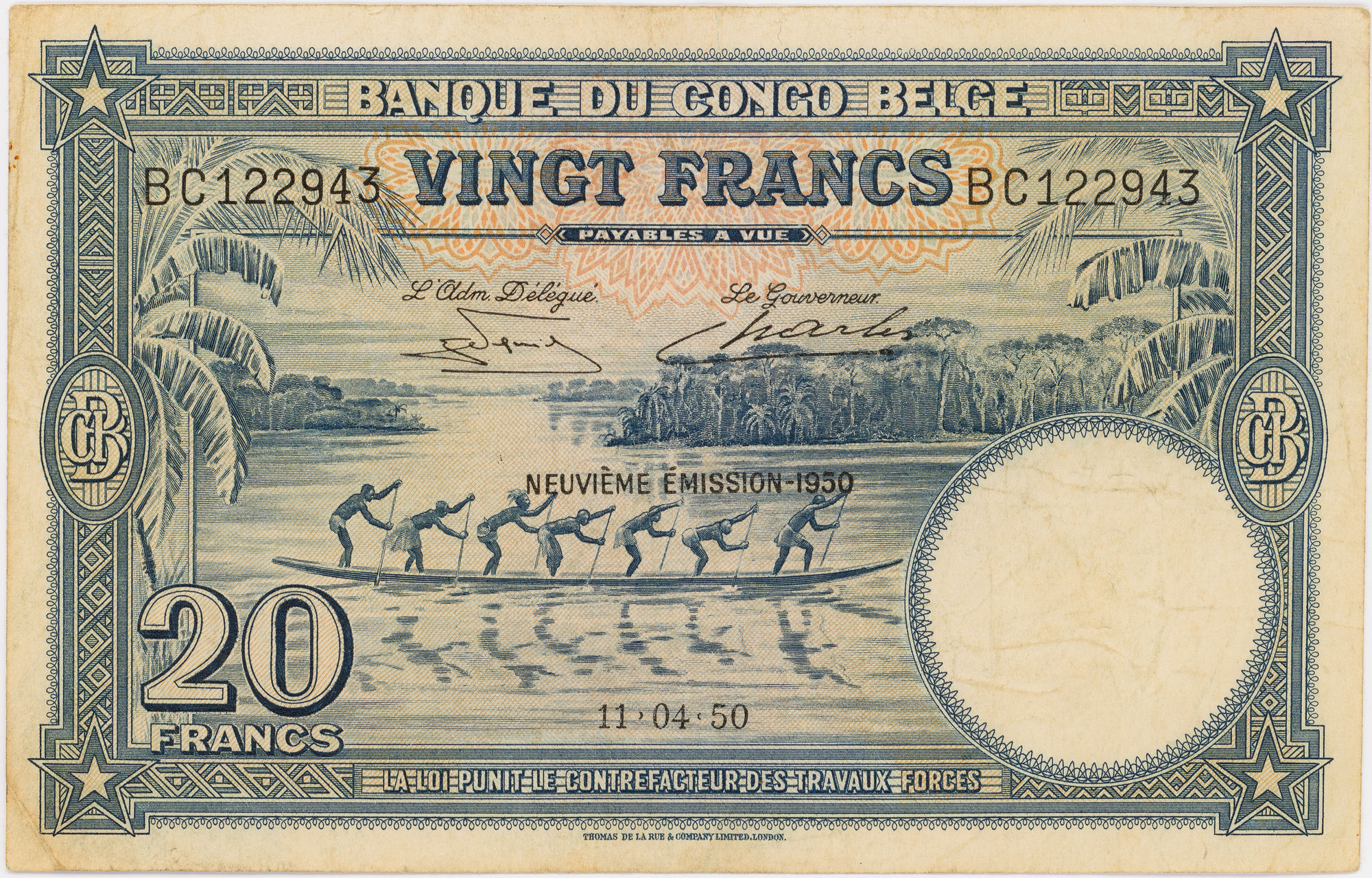 Belgian Congo, Bank of the Belgian Congo, Twenty Francs, 1950, aVF