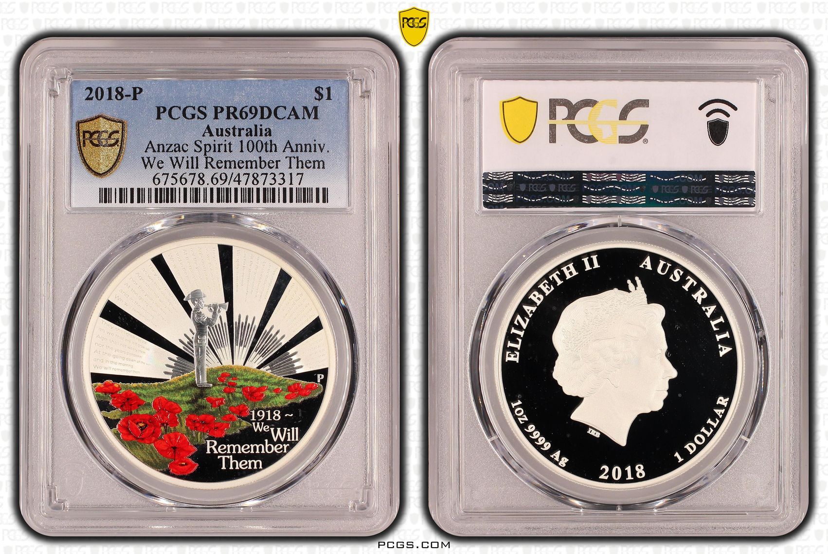 Anzac Spirit 100th Anniv. Remember Them Colorized, One Dollar, 2018-P, PCGS PR69DCAM