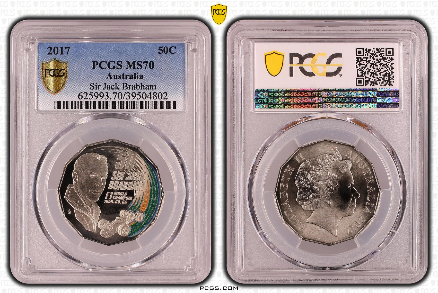 356 · Sir Jack Brabham Colorized, POP 20/0, Fifty Cent, 2017, PCGS MS70