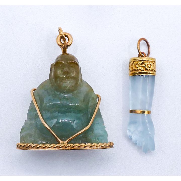 Box 14k Mounted Buddha & 18k Mounted Hand Pendants