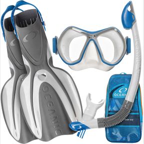 SMALL/MEDIUM ADULT OCEANIC SNORKEL SET SNORKELING GEAR, PANORAMIC WIDE VIEW, ANTI-FOG SCUBA DIVING MASK, SNORKEL, FINS & MESH GEAR