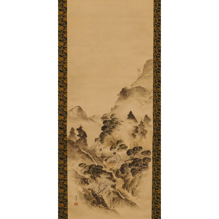 Japanese Temple & Mountains Painted Scroll
