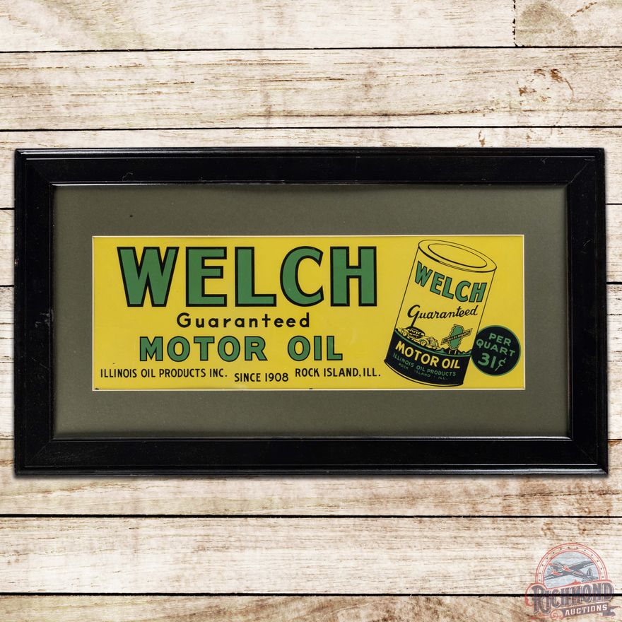 Welch Guaranteed Motor Oil Framed SS Tin Sign w/ Quart Oil Can