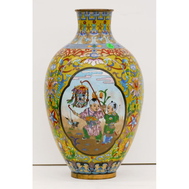 Chinese Large Cloisonne Children Vase 16'' - Slight dent to side