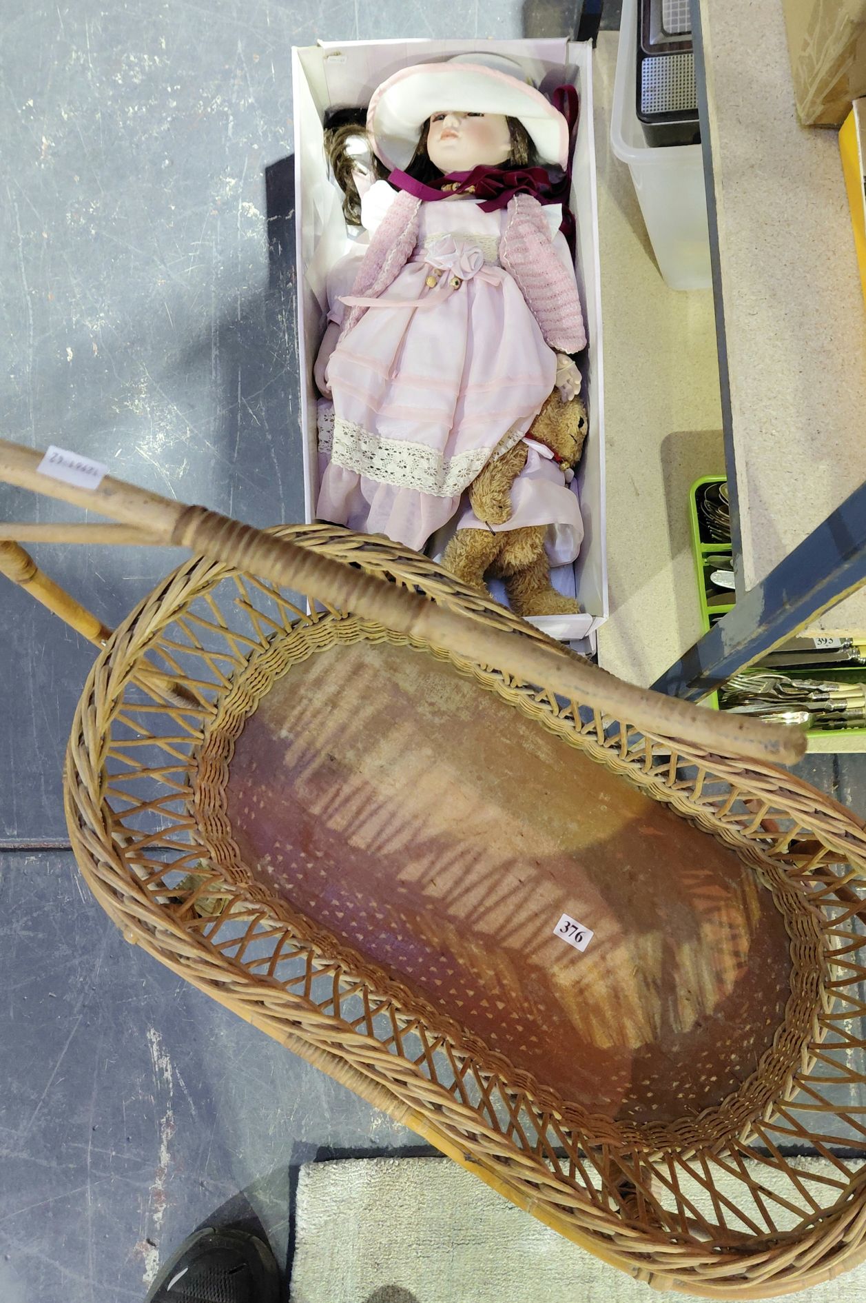 376 · DOLL, BEAR AND WICKER CRIB