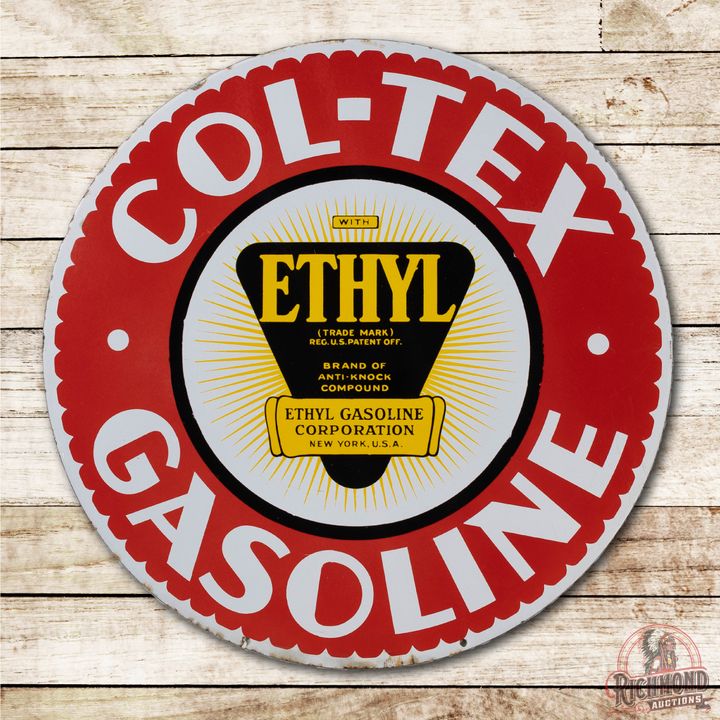 Col-Tex Gasoline w/ Ethyl Logo Double Sided Porcelain Sign TAC 9C & 8.5