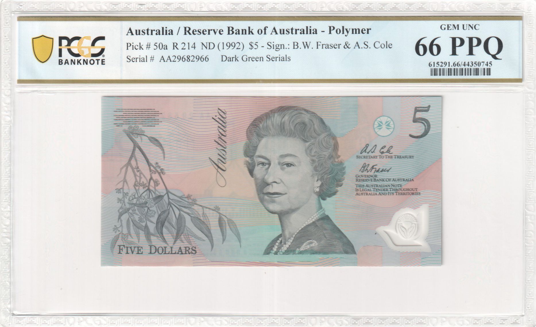 96 · R. 214 Reserve Bank of Australia, Polymer, Sign: B.W. Fraser & A.S. Cole, Dark Green Serials, Five Dollar, ND (1992), PCGS - Gem UNC 66 PPQ