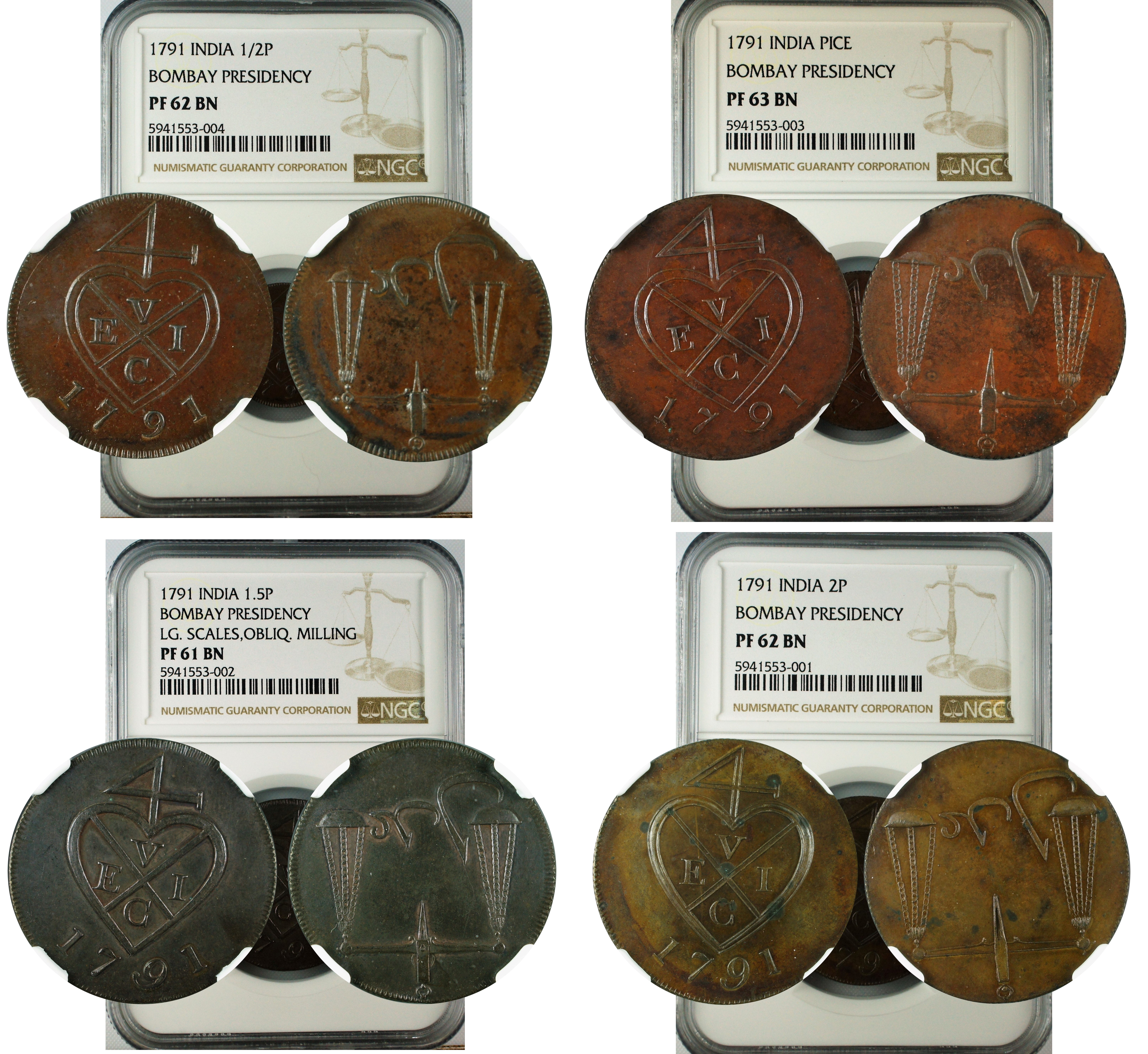 India Bombay Presidency 1791 Set of 4 Proofs NGC Graded