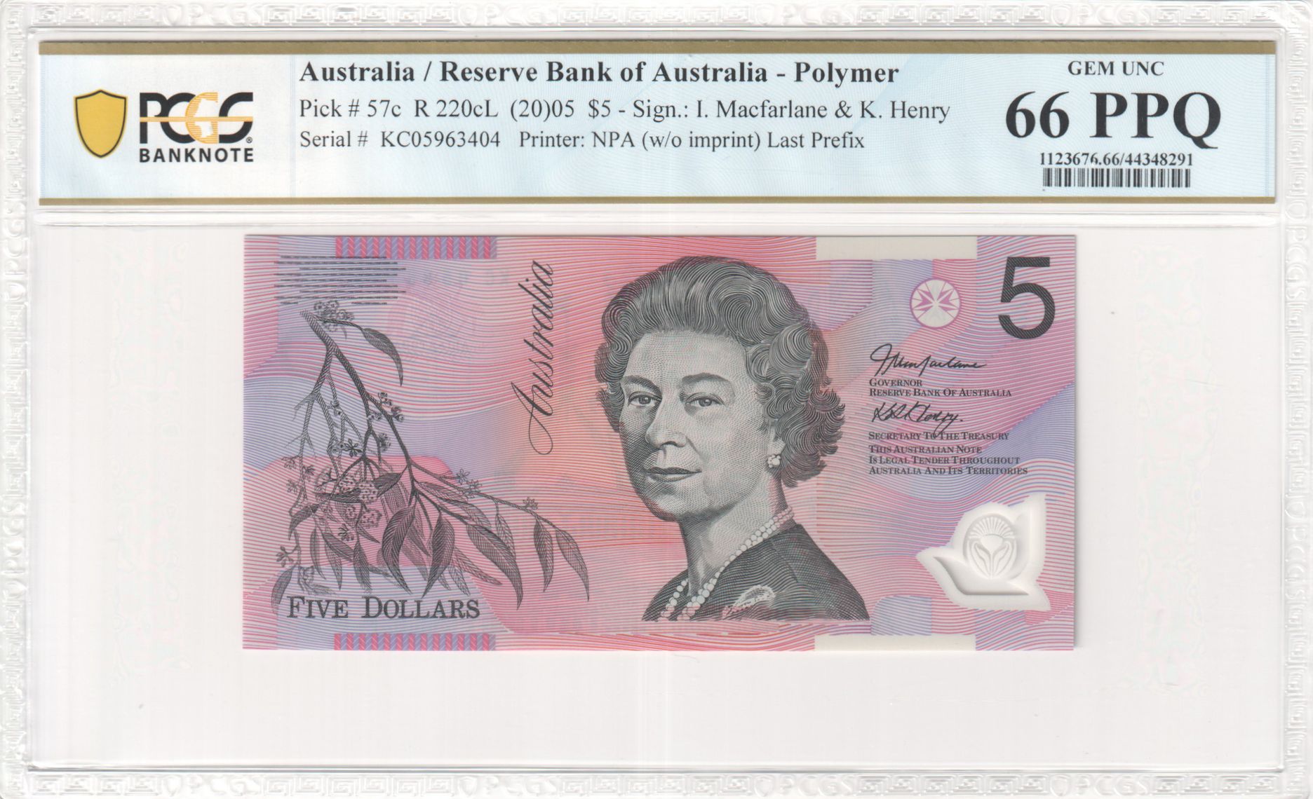 Macfarlane/ Henry, Last Prefix, Five Dollar, 2005, PCGS Gem UNC 66 PPQ