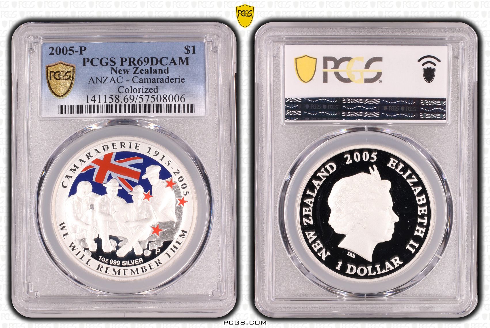 New Zealand , Elizabeth II, ANZAC - Camaraderie Colourised, One Dollar, 2005-P, PCGS PR69DCAM