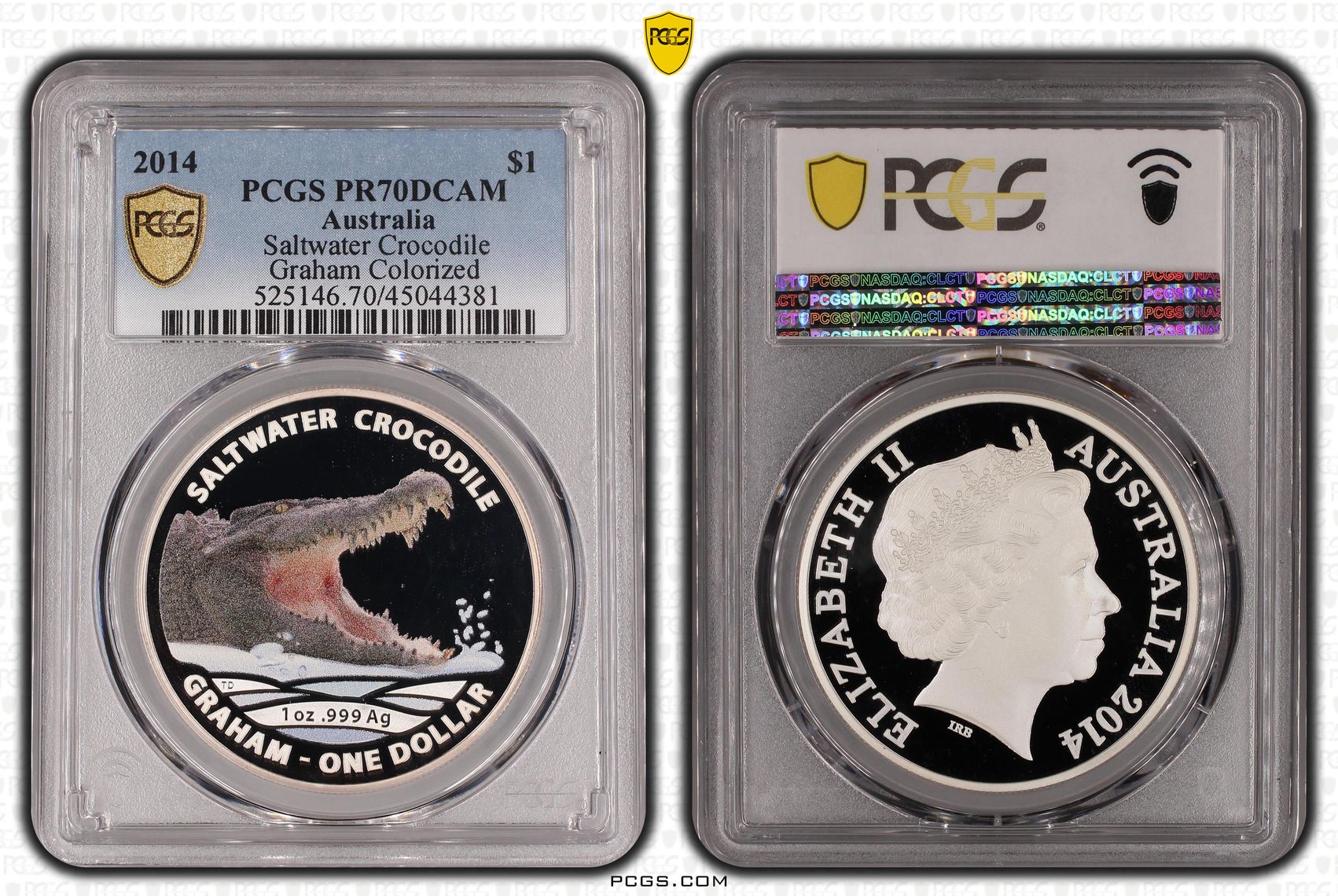 2014 Australia One Dollar, $1 Silver Proof Saltwater Crocodile - Graham Colorized PCGS - PR70DCAM POP 1/0 -381