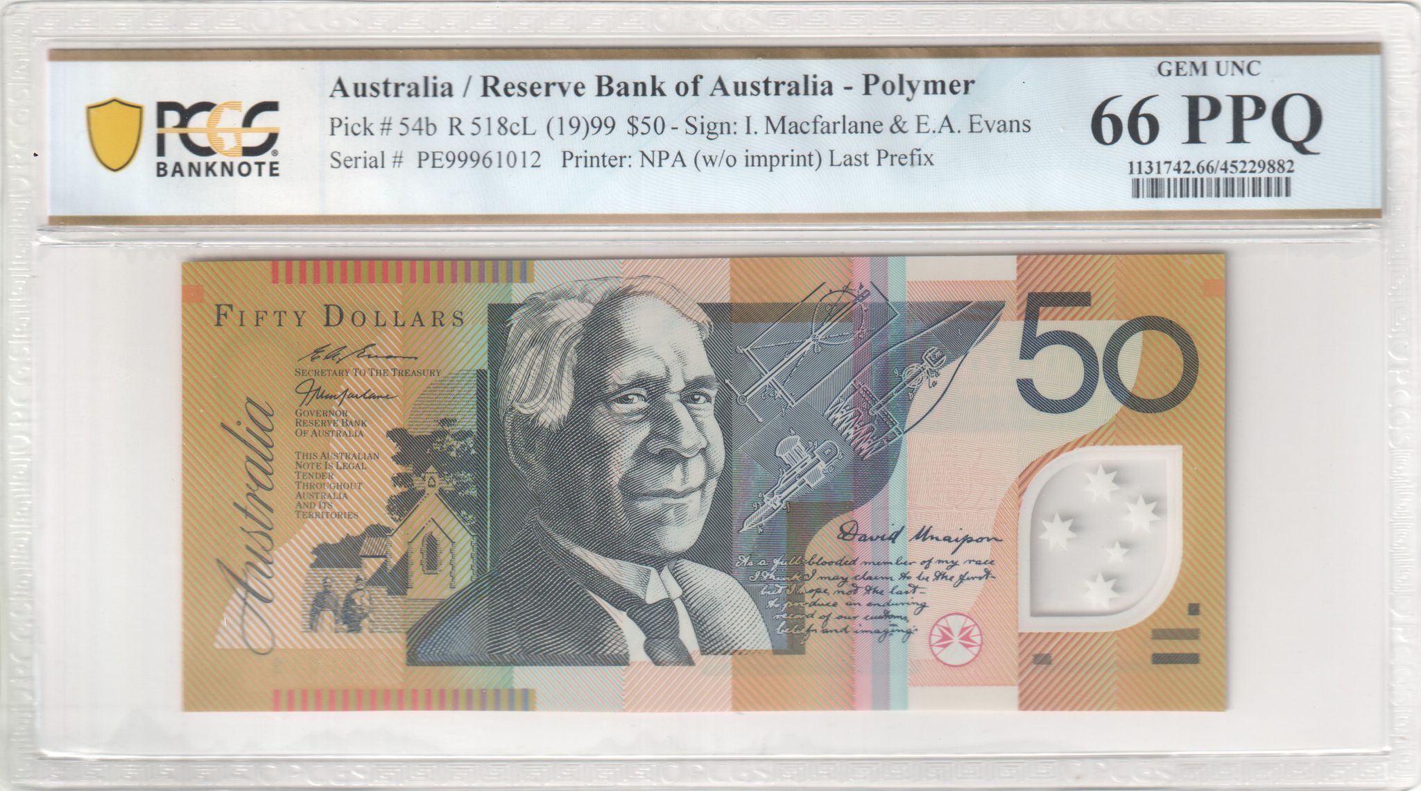 1999 $50 Macfarlane/Evans Gem Unc 66 PPQ NPA Last Prefix Note