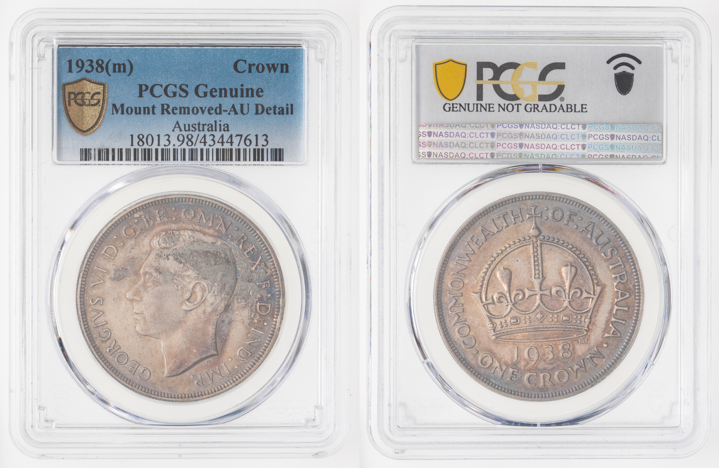 George VI, Crown, 1938, PCGS Genuine Mount Removed-AU Detail