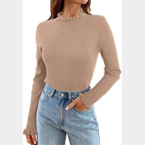 EVALESS FALL SWEATERS FOR WOMEN 2024 CASUAL RUFFLE CREWNECK LONG SLEEVE SWEATERS RIBBED KNIT SLIM FIT SWEATER BASE LAYER TOPS - M