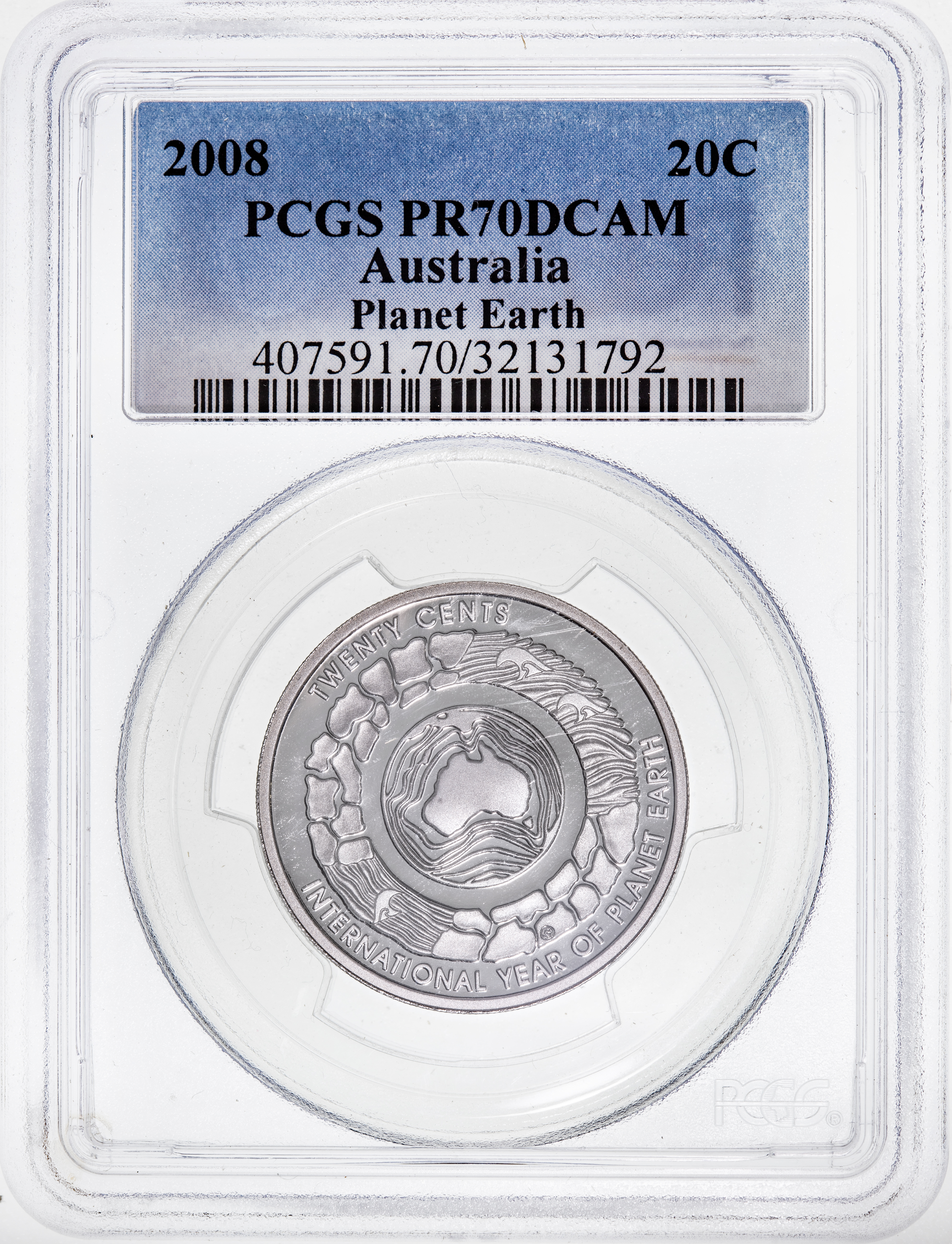 Planet Earth Cu-Ni, Top pop, Pop 22/0, Twenty Cent, 2008, PCGS PR70DCAM