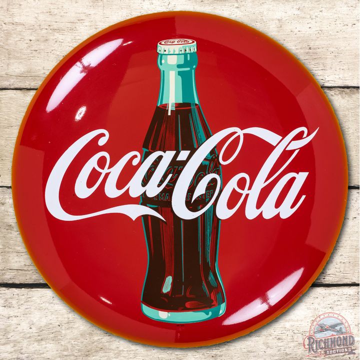 24" Coca-Cola w/ Bottle Metal Button Sign TAC 9