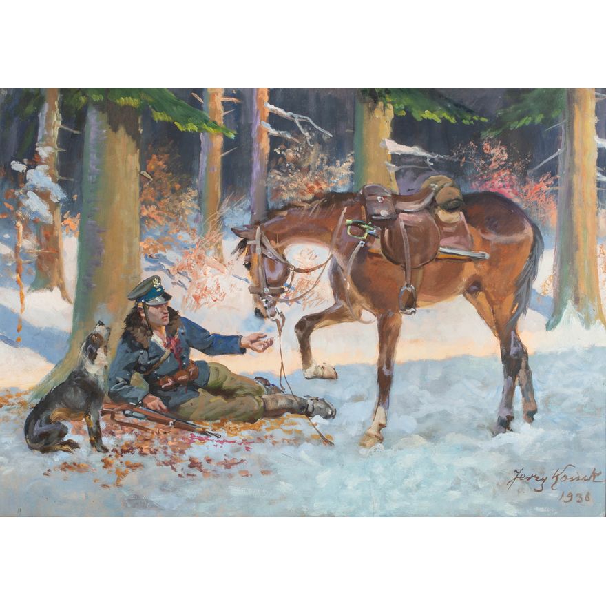 Jerzy Kossak | Ranny żołnierz z druhami, 1938 r.