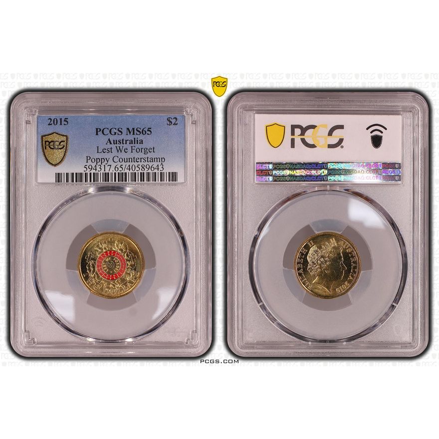 Lest We Forget Colorized Poppy counterstamp, Two Dollar, 2015, PCGS MS65