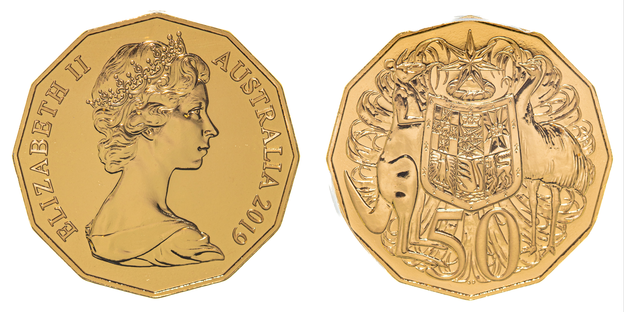 Elizabeth II, Dodecagon 50th Anniv., Gold-gilt, A. Machin Effigy, Fifty Cent, 2019, PCGS MS 69