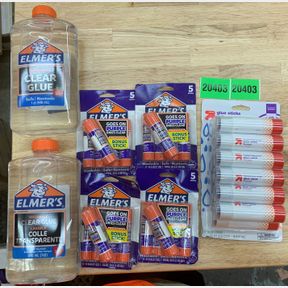 2X ELMERS CLEAR GLUE, 4X ELMERS PRUPLE GLUE & UP& UP GLUE STICKS