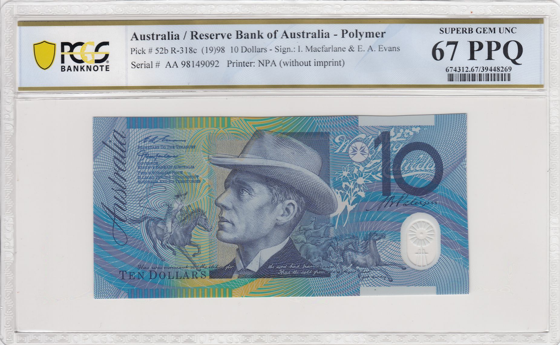 Macfarlane/ Evans, Ten Dollar, 1998, PCGS Superb Gem UNC 67 PPQ