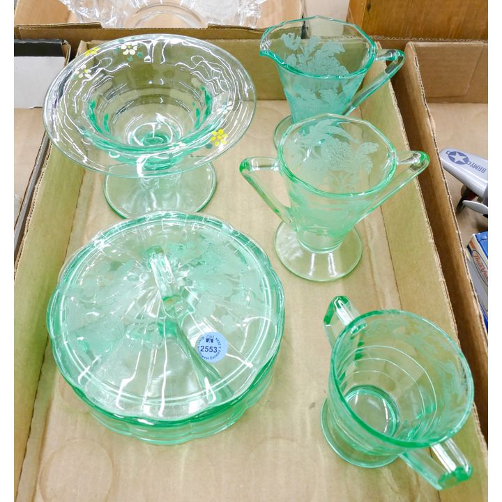 Box Green Etched Glass Covered Candy Box etc.