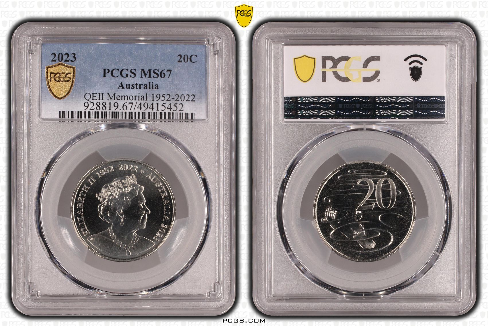 QEII Memorial 1952-2022 , Twenty Cent, 2023, PCGS MS67