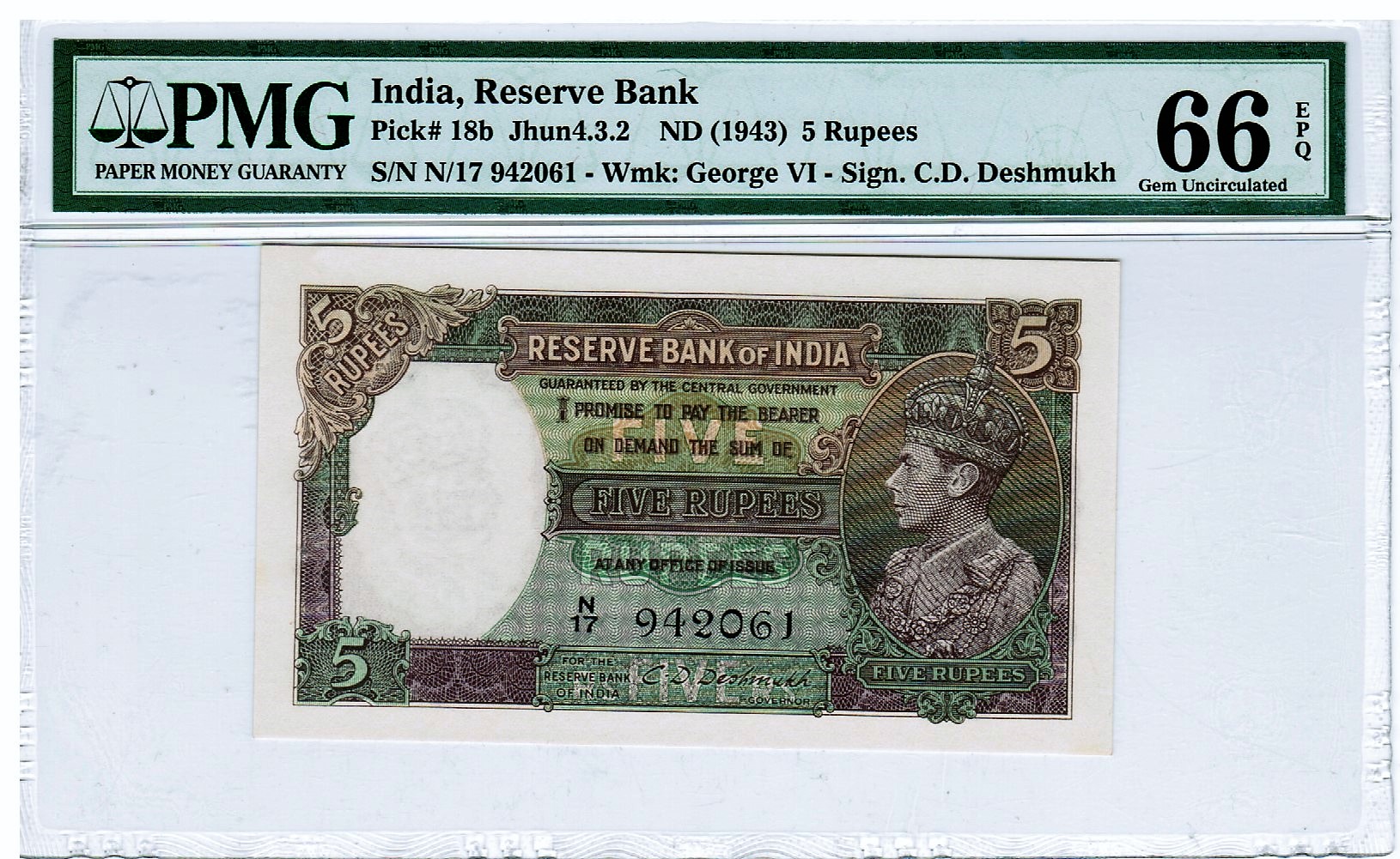 India British Reserve Bank 1943 5 Rupees PMG 66 EPQ - CD Deshmukh