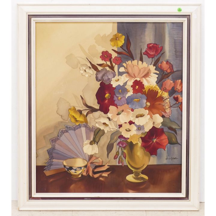 Vintage Vase of Flowers Still Life Watercolor illegibly signed - Framed 34x30''