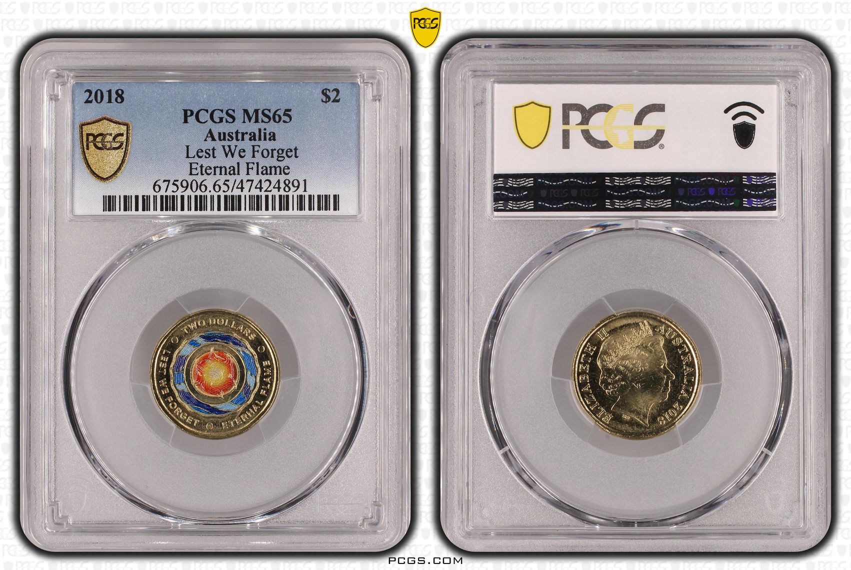 Elizabeth II, Lest We Forget - Eternal Flame Colorized , Two Dollar, 2018, PCGS MS65