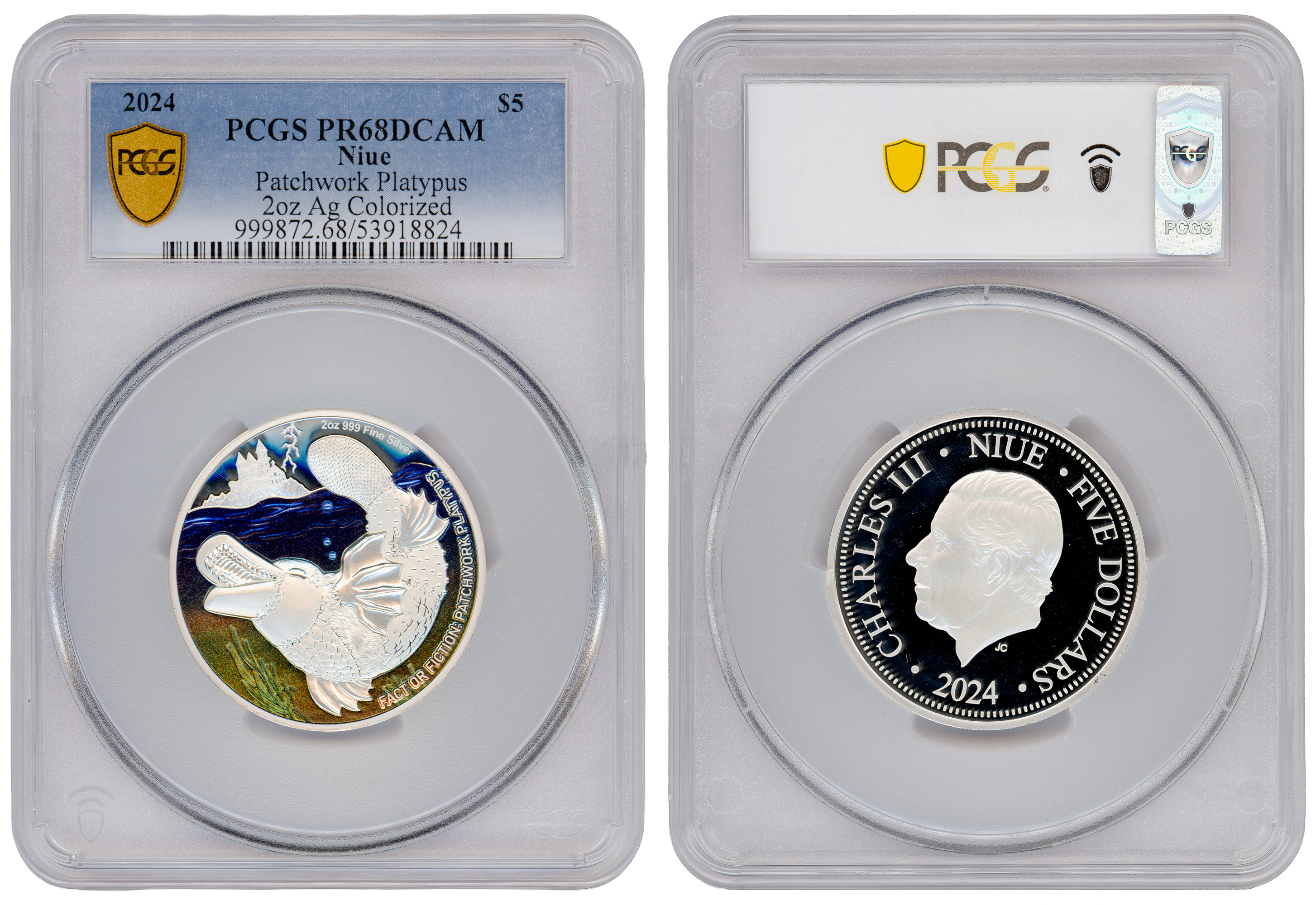 Niue, Patchwork Platypus 2oz Silver Colourised, Five Dollar, 2024, PR68DCAM