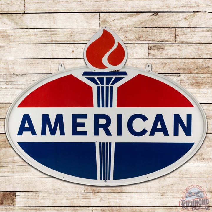 American Gasoline 6' DS Porcelain Sign w/ Flames & Ring