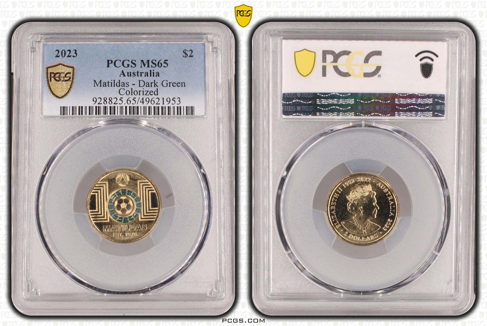 Matildas - Dark Green Colorized , Two Dollar, 2023, PCGS MS65