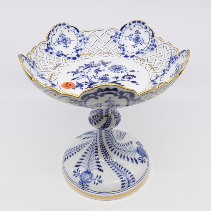 Meissen Blue Onion Porcelain Pierced Compote- 9x9"