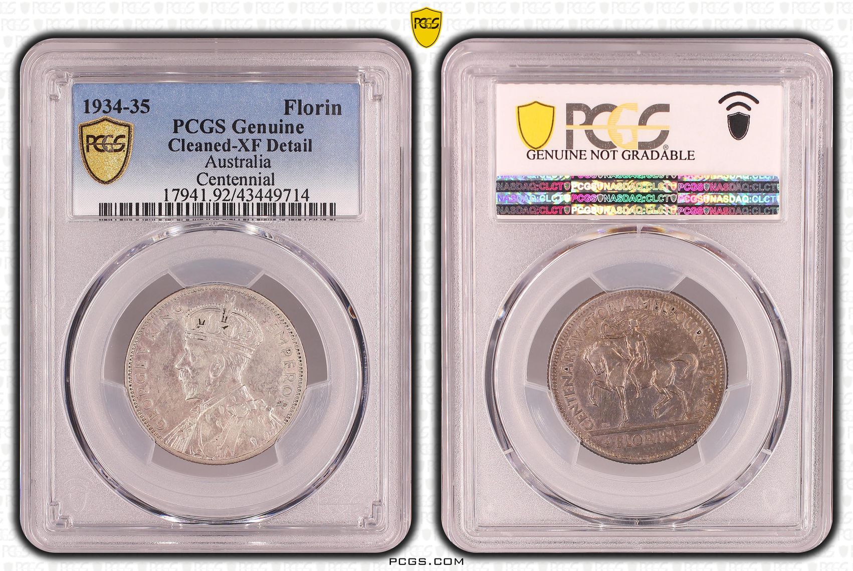 Melbourne Centenary, Florin, 1934-35, PCGS Genuine - XF Details (92 - Cleaned)