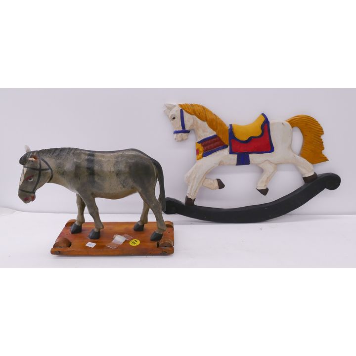 2pc Old Wood Donkey Pull Toy & Rocking Horse Plaque- largest 16''